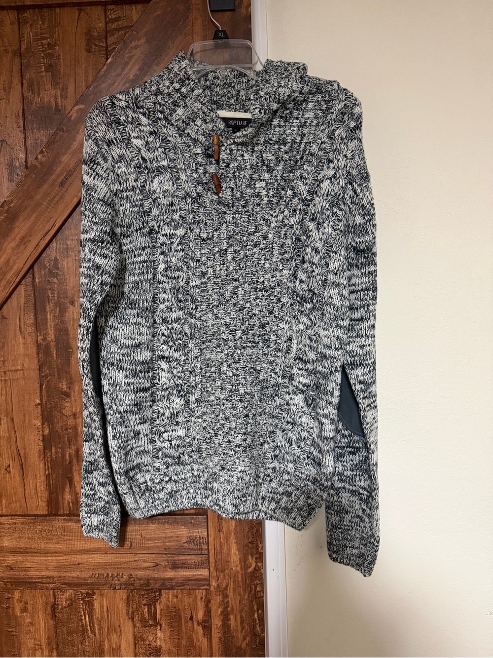 Rapture Men's Black & White Marled Shawl-Collar Toggle Sweater Elbow Patches L